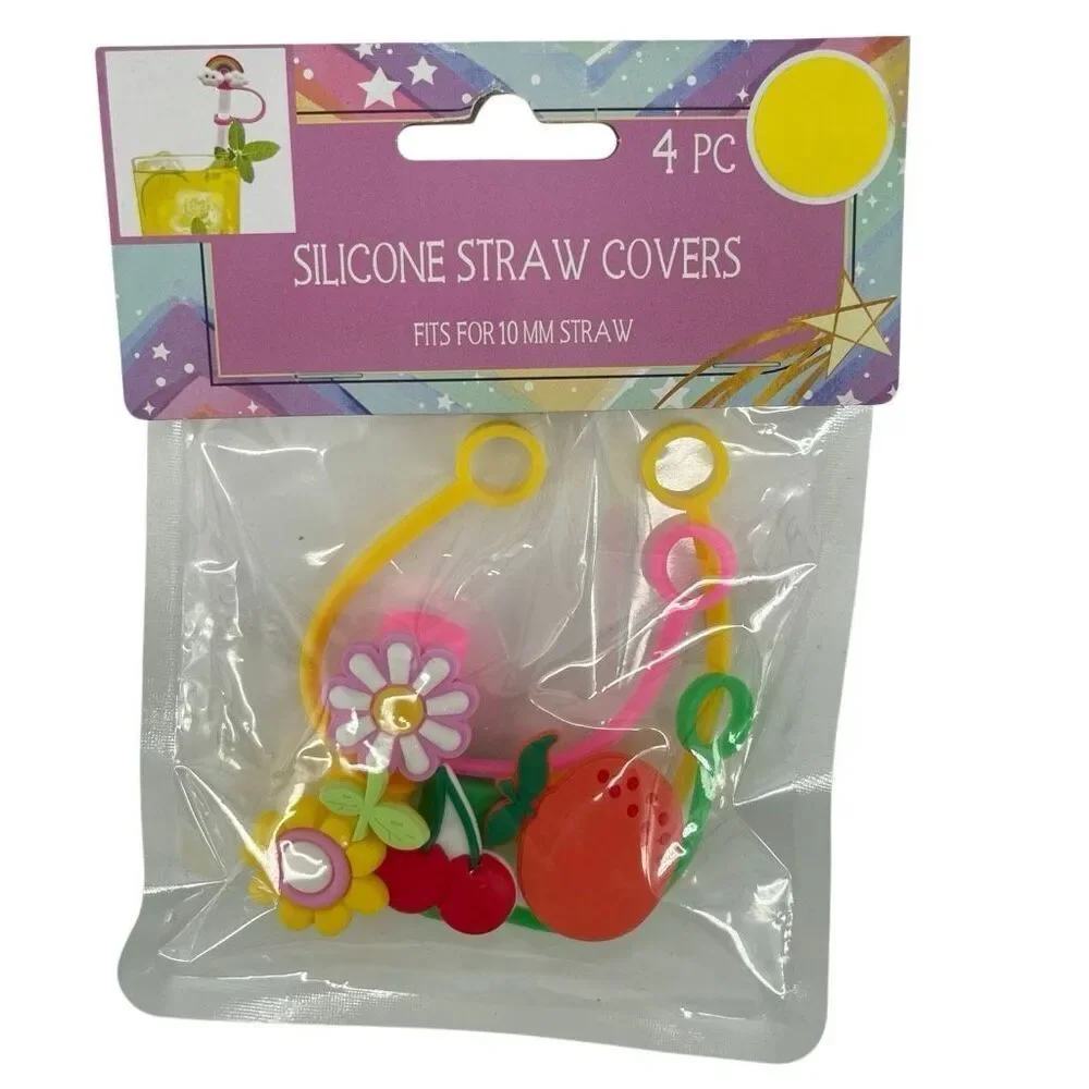 Silicone Straw Covers Fruit & Flower Drink Cup Protectors 4-Pack 10mm, New